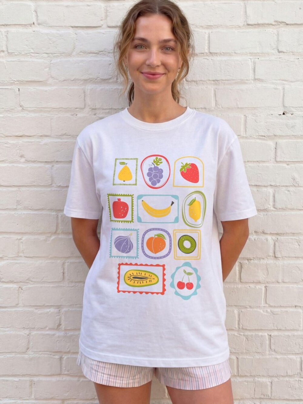 Fruit Sticker Graphic Tee 🍓🍊🍍 | Colorful Vintage Fruit Stamp Shirt